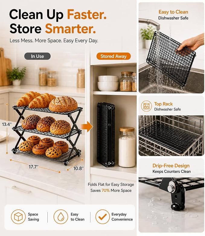 Cooling Racks For Cooking And Baking, 2/3/4-Tier Collapsible Cookie Cooling Rack With Adjustable 3 Setting Design Stackable Roasting Cooking Drying Wire Cooling Rack For Cookies Bread Baking