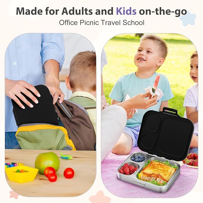 Howeemo Stainless Steel Bento Box Kids, Leak Proof Metal Bento Lunch Box,3 Compartments 304 Stainless Steel Bento Lunch Containers for School and Office, BPA-Free(Black)