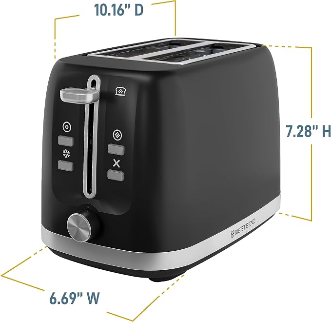 West Bend Toaster 2-Slice Extra-Wide and Deep Slots with 3 Functions and 7 Shade Settings Manual Toast Lift Lever Auto Shut-Off and Removable Crumb Tray, 750-Watts, Black