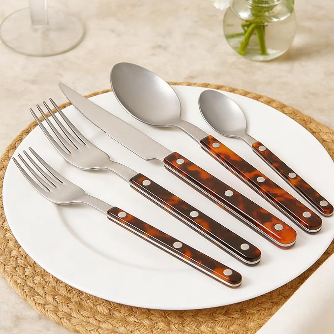 20-Piece Premium Cutlery ABS Handle, Stainless Steel Flatware Set Tortoise | Includes Forks, Knives, Spoons & Teaspoons, Complete Dining Set Perfect for Everyday Meals Dinner Parties & Special Occasions