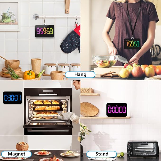 Samshow Rechargeable Digital Kitchen Timer, 2 Packs, Color Change | 10 Dynamic RGB Color, Countdown/Up, 3 Brightness 4 Volume Adjustable, Magnetic, 5" LED Display, For Classroom/Home/Classroom