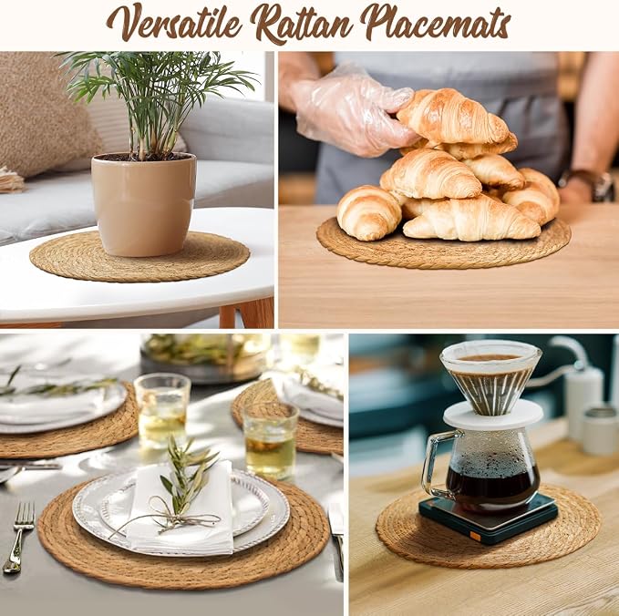 BAVIFY 13.8" Round Woven Placemats Set of 6, Table Mats for Dining Table | 13.8 Inch Place Mats Set of 6, Wicker Plate Chargers for Dinner Plates, Boho Farmhouse Rustic Mat for Dining Table Decor
