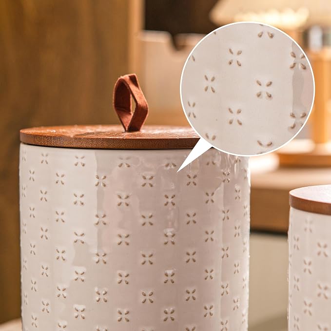 Mowtanco Embossed Ceramic Canister Set with Airtight Bamboo Lid | 12/30/48 oz White Ceramic Kitchen Jar Set, Countertop & Pantry Organization for Coffee, Sugar, Flour, Tea & Snacks