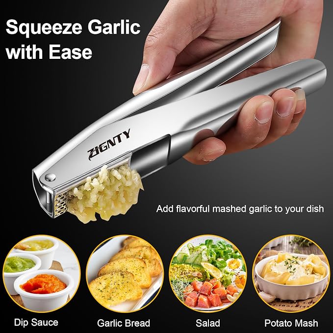 Professional Garlic Press Stainless Steel,Garlic Mincer Large Trough | No Need to Peel, Efficient Garlic Crusher & Ginger Presser, Ergonomic Labor-saving Handle, Easy Squeeze, Dishwasher Safe