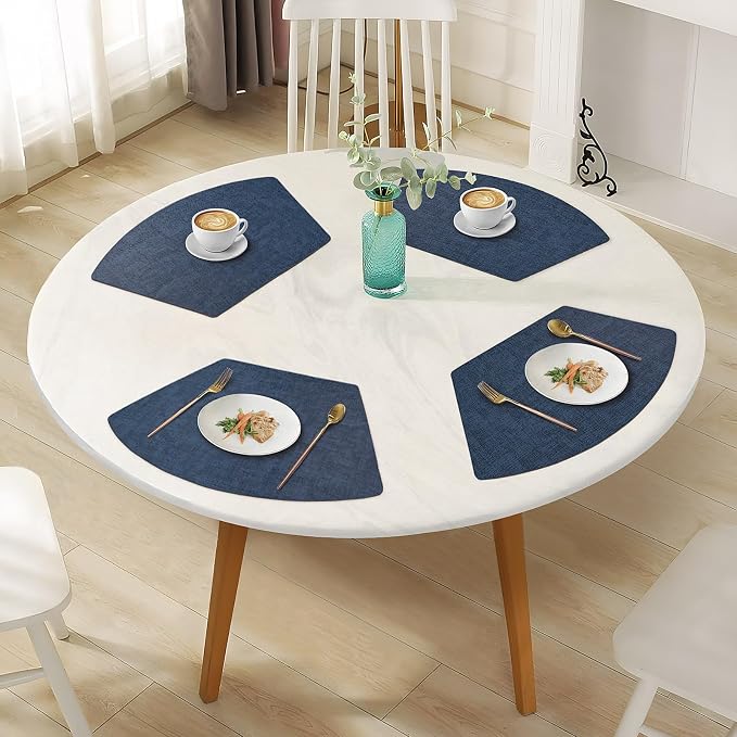 Round Table Placemats Set of 4, Faux Leather Wedge Shape Place Mats Heat Resistant Wipeable Washable Table Mats for Dining Outdoor Indoor, Dark Blue