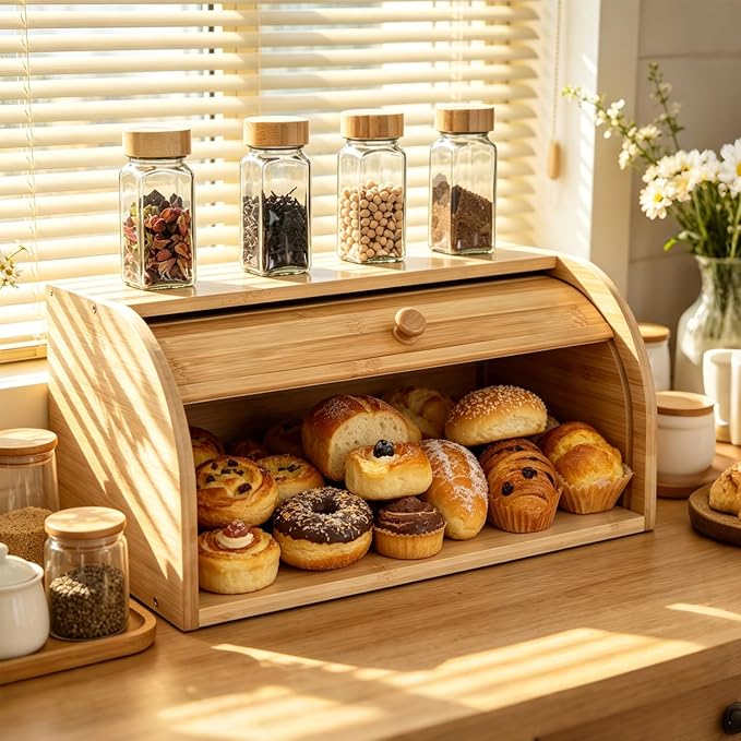 Natural Bamboo Roll Top Bread Box for Kitchen Countertop | Food Storage Container with Assembly Required with rolling lid, vintage food keeper for muffins, bagels, cookies