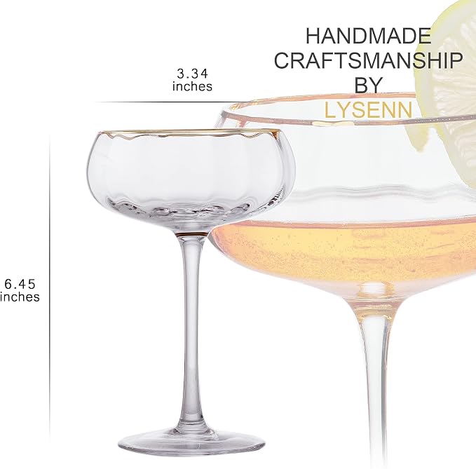 Lysenn Coupe Glasses Set of 4, Vintage Gold Rim Espresso Martini Glass, 9oz | Sturdy Stem, Hand Blown, for Champagne, Martini and Craft Cocktails, Wedding Reception, Dinner Party, Bar Cart, Ideal Gift