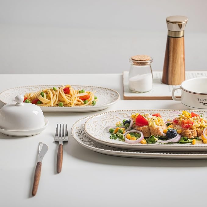 Serving Platters Set, 14"/12"/10" Oval Ceramic Serving Plates, Embossed Serving Trays for Party, Oven Dishwasher Safe, Vintage White Serving Dishes for Entertaining, Appetizers, Pasta, Sushi