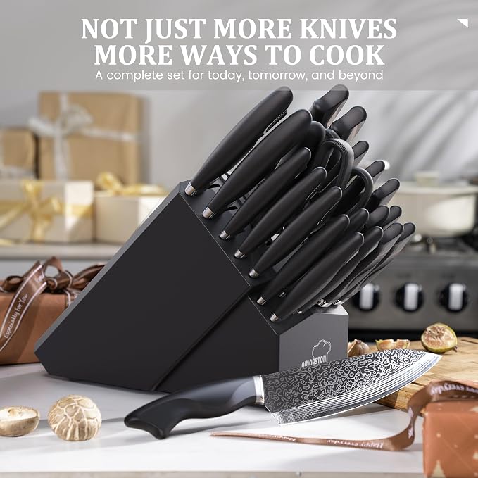 22 Pieces Knife Block Set with Built-in Sharpener | Built-in Sharpener Block, Dishwasher Safe, High Carbon German Stainless Steel, Laser-engrave, Kitchen Weddings Birthdays Gift