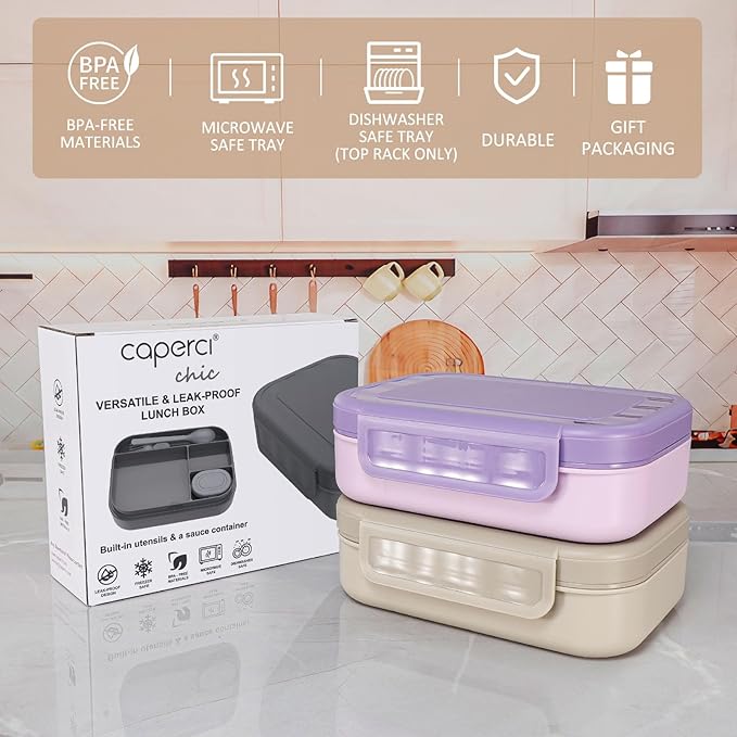 Caperci Stackable Bento Lunch Box for Adult & Teens - Reinforced Leak-Proof Lunch Container 4-Compartment with Utensils & Sauce Container, BPA-Free, Dishwasher/Microwave Safe, 47oz (Pale Mocha)