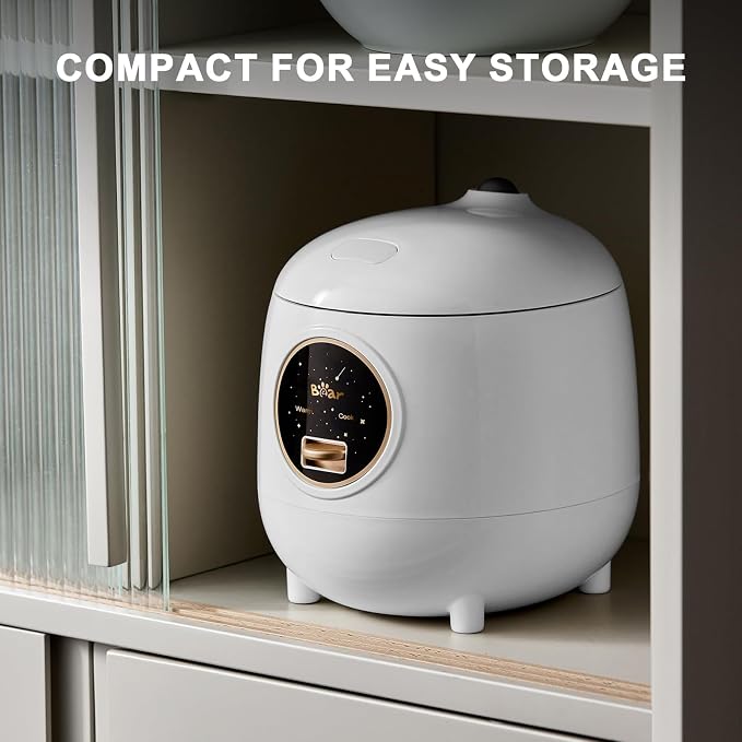 Bear Mini Rice Cooker, 2-Cup Uncooked, Nonstick, Keep Warm, BPA Free, White | Portable 1.2L nonstick small rice cooker for travel, dorm, single serve. One-touch operation, removable pot, auto keep warm