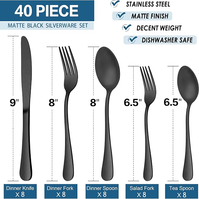 LIANYU 40 Piece Matte Black Silverware Set, Stainless Steel Black Flatware Cutlery Set for 8, Fancy Kitchen Utensil Tableware for Home Restaurant Party, Satin Finish, Dishwasher Safe