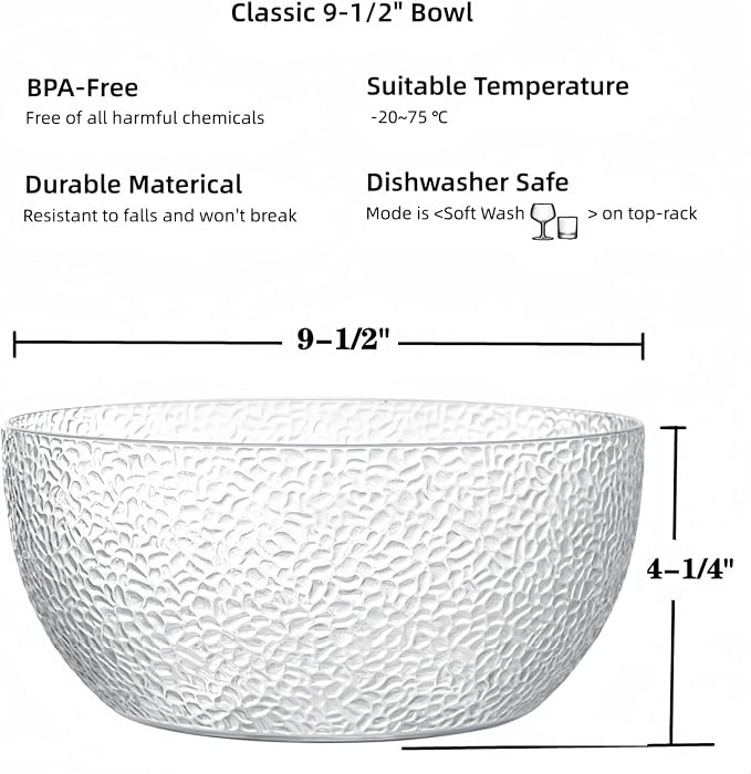 130 oz Acrylic Salad Bowls, 9.5" Serving Bowls for Fruits, Popcorn, Chips, Dips, Condiments, Break-Resistant Set of 2, Clear Circular