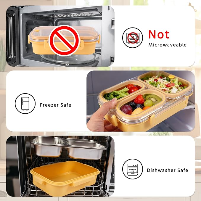 Stainless Steel Bento Lunch Box for Kids & Adults, 25oz, 3 Compartment | Super Leakproof, 304 Stainless Steel, Dishwasher Safe, BPA-Free,Capable of Heating Food