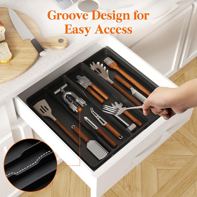 Lifewit Utensil Organizer for Kitchen Drawer, Expandable Cooking Tray | Adjustable Cutlery Flatware Holder, Plastic Silverware Spatula Tools Storage Divider, 11.9-17.3 x 15.8", Black