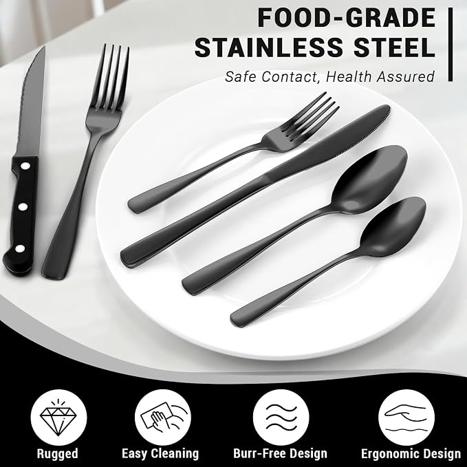 BEWOS 48-Pieces Black Silverware Set for 8 - Stainless Steel Flatware Set with Mirror Polish, Black Silverware Set Including Steak Knives, Forks and Spoons, Dishwasher Safe for Restaurant