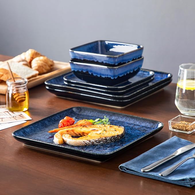vancasso Stern Square Stoneware Dinnerware Set for 4, 12-Piece Dish Set | Blue Reactive Glaze Plates and Bowls Set, Chip and Scratch Resistant, Microwave & Dishwasher Safe
