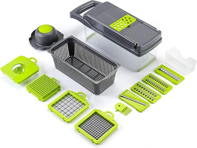 KEOUKE Vegetable Chopper Mandoline Slicer Grey - 12 in 1 Interchangeable Blades Food Chopper with Container, Hand Guard & Drainer, Veggie Dicer Kitchen Gadget for Onion, Cucumber, Tomato, Fruit