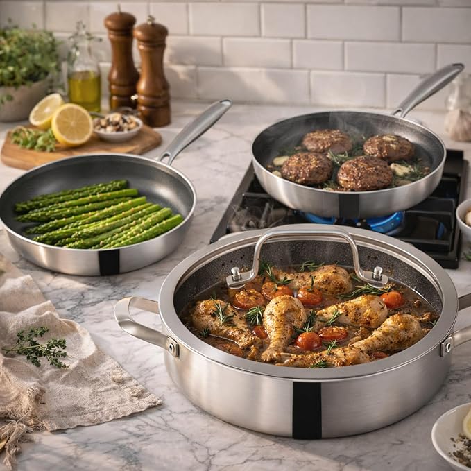 Inqibee 6 QT Saute Pan with Lid & 8.5-10‘’ Frying Pans Set, Ceramic Coating | Tri-Ply Stainless Steel Hybrid Nonstick Cookware Set, PFOA Free, Induction Ready, Dishwasher & Oven Safe