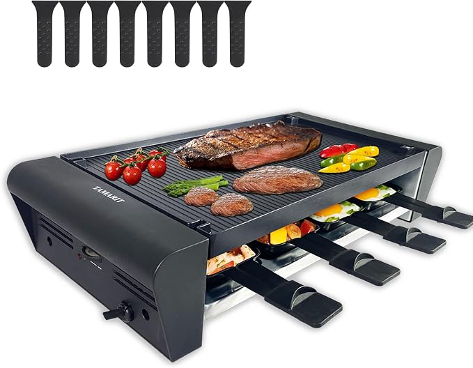 TAMARIT Raclette Table Grill for 8, Electric 1300W | Raclette grill, 8 cheese trays, reversible nonstick plate, 14.2 x 8.8 in