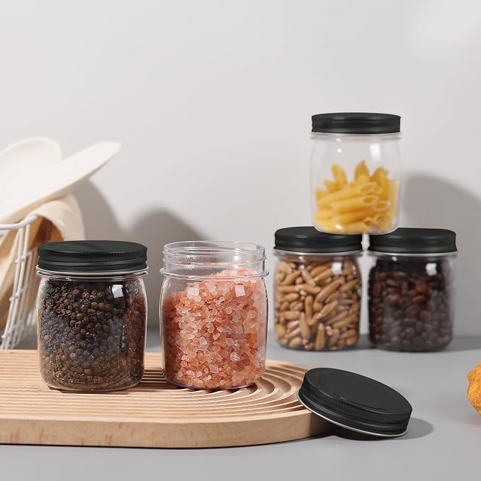novelinks 8 oz Plastic Mason Jars and Clear Plastic Jars with Lids 8 oz | 24 Pack, Black, Plastic Containers with Lids, Small Mason Jars, Clear Jars Bulk, Spice Jars, Slime Jars, Mini Jars