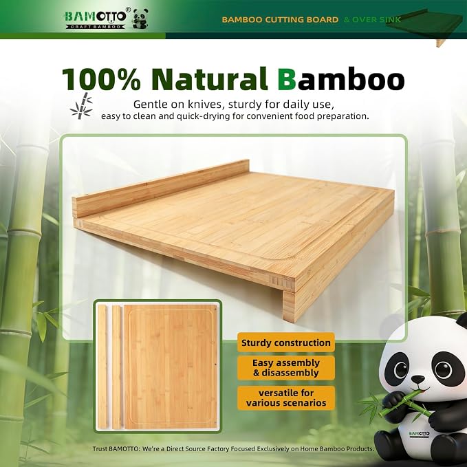 BAMOTTO CRAFTBAMBOO Extra Large Bamboo Cutting Board Noodle Board 24"x18" | Detachable Front Lip & Backsplash | Double-Sided Juice Grooves | Sink Cover | Stove Cover | Carving Board | Natural Bamboo
