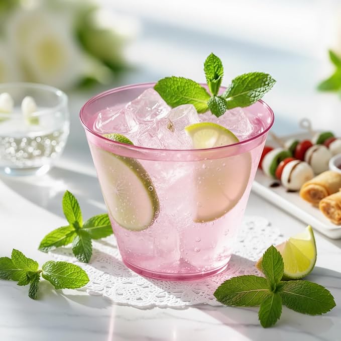 Glowserve 9 OZ Pink Disposable Plastic Cups Cocktail Cup 150 Pack | Fancy Cocktail Cup,Stemless Wine Glass,Wedding Wine Glasses,Graduation Birthday,World Cup,Party Essentials