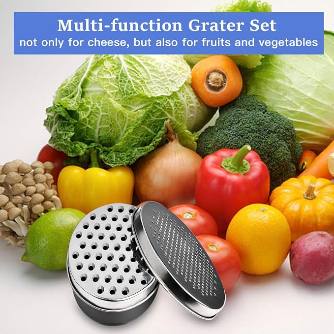 Black Compact Round Cheese Grater with Food Storage Container & Lid Grinder | Stainless Steel Box Grater for Kitchen, Hard Parmesan, Ginger, Vegetables, Butter