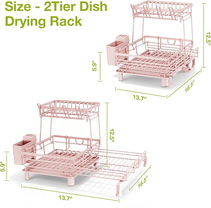 2-Tier Expandable Dish Drying Rack, Kitchen Counter Pink | Large Capacity Kitchen Organization, Heavy-Duty Carbon Steel, Swivel Drain Spout, Cup Hooks & Utensil Holder