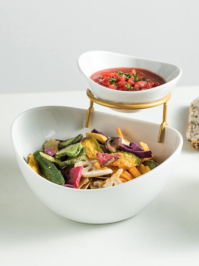 Miamolo 2 Tier Serving Bowl Set and Removable Rack for Chip and Dip | Ceramic Serving Dishes Set with 2 Compartment, for Snacks, Appetizer, Salad, Fruit | Microwave & Dishwasher Safe, Gold Stand
