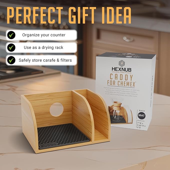 Pour Over Caddy for Chemex Bodum Cosori Coffee Makers Black | Handmade Bamboo Stand, Filter Holder, Heatproof Mat for a Cleaner Coffee Station