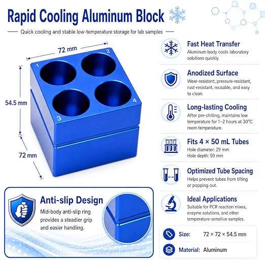 1 Pcs Aluminum Cooler Cooling Block PCR Test Tube Rack 4 Wells for 50mL | 29mm Hole Diameter for PCR/Microcentrifuge Tubes; Enzymes, RNA, Reagents, and Temp-sensitive Samples in Cold Prep (Blue)