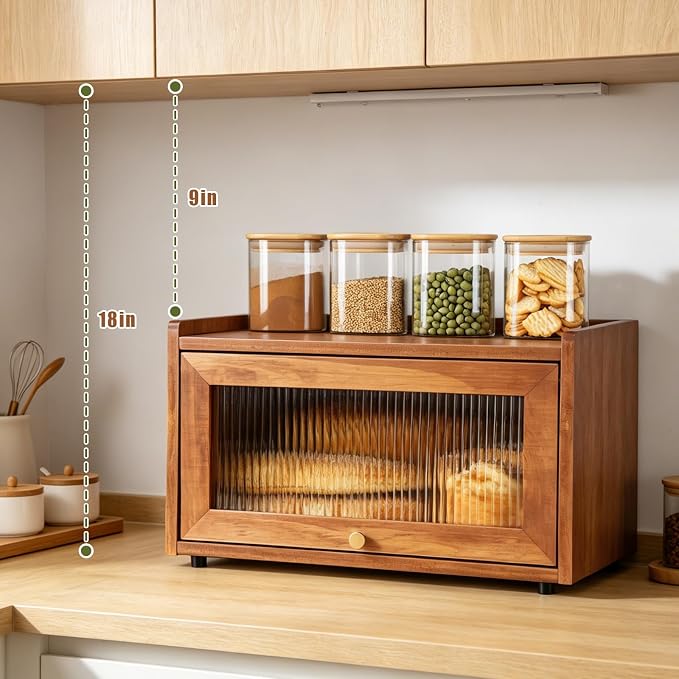 Wooden Bread Box for Kitchen Countertop, Daily Bread Storage for Clutter-Free Counters, Flat Top Bread Holder with Acrylic Door, Brown
