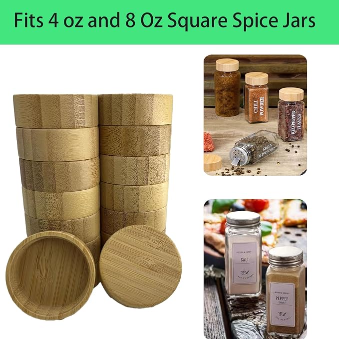 16 Pcs Bamboo Spice Jar Lids Fits Square Containers Seasoning Bottle Sealing Lids Fit Only 4 oz and 8 oz (Bamboo)