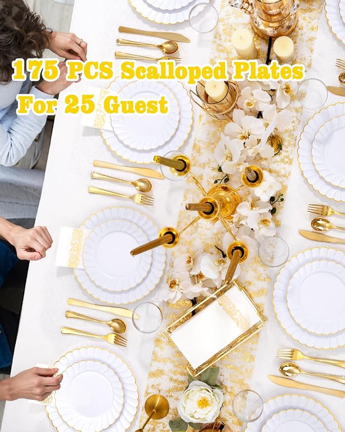 YOUBET 175PCS White and Gold Scalloped Plastic Plates for Party Wedding | White and Gold Disposable Dinnerware Set Include 50 Plates, 75 Gold Silverware, 25 Cups, 25 Napkins