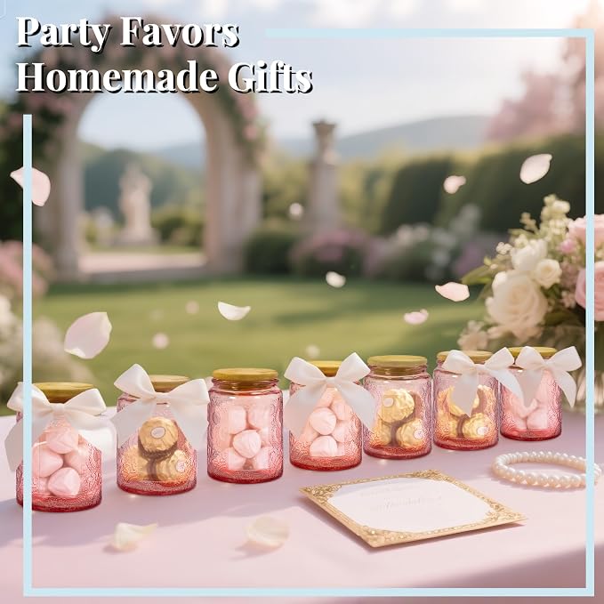 8 oz Decorative Small Glass Jars with Airtight Bamboo Lids, Pink 12 Pack | Vintage embossed color coated containers, kitchen pantry bathroom organization & decor, spices, DIY gifts, candle making