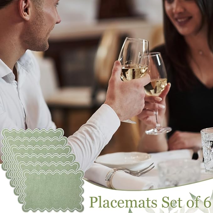 HunnmingRe Sage Green with White Set of 6 Cotton Linen Wedding Placemats, 13x19 Inch Scalloped Wavy Embroidery Placemat Double Layered Washable Rustic Rectangle Dinner Table Mat for Home Decor