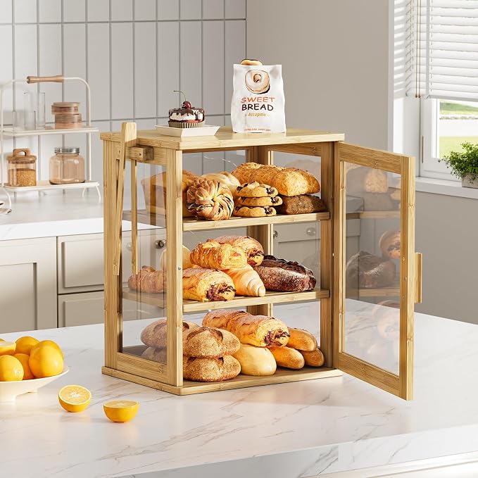 WOWLIVE Bread Box for Kitchen Countertop, 3 Layers Bread Storage Container | Large Bamboo Bread Bin for Homemade Bread with Window, Farmhouse Breadbox Organizer for Kitchen, Cabinet, Natural, Meduim