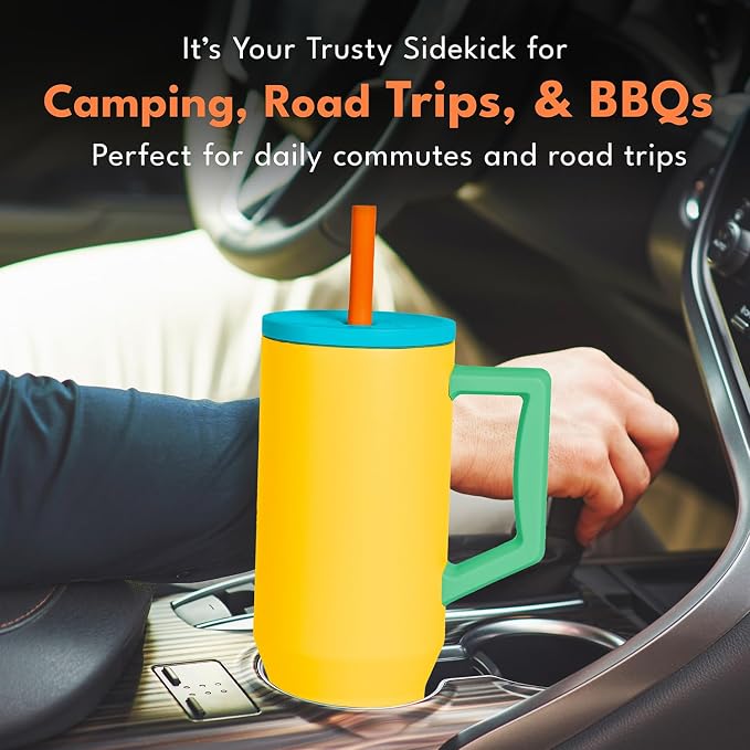 Elemental Spill Proof 40oz Insulated Tumbler with Handle & Straw Travel Mug | Stainless Steel Commuter Travel Coffee Mug for Cold Beverages, Includes 2 Straws & a Spill Proof Lid for Everyday Use