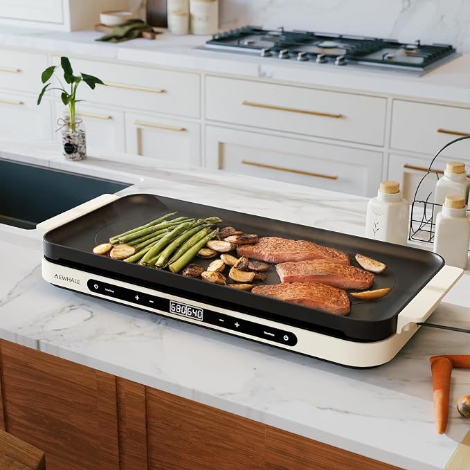 AEWHALE Countertop 2 Burners, Electric Hot Plate | Removable Griddle Pan, Ceramic Non-stick, 1200W+600W, Sensor Touch, Adjustable Temperature/Time