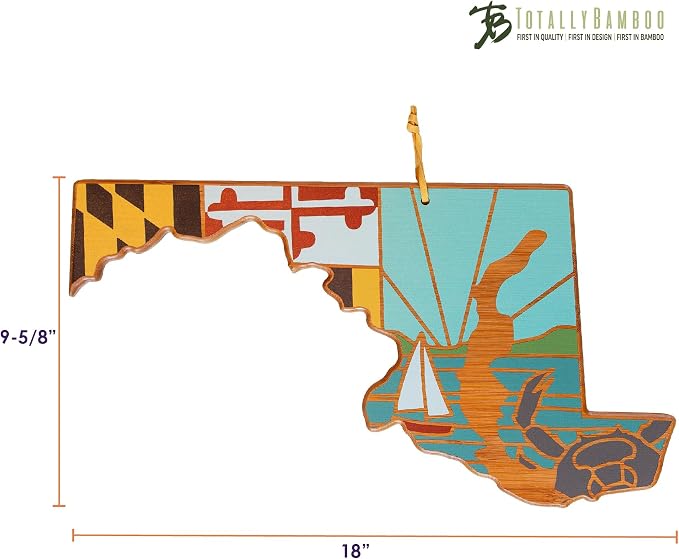 Totally Bamboo Maryland State Shaped Cutting Board, Summer Stokes Art | State charcuterie board with colorful hand-drawn landscape art. Smooth reverse side for food prep. Hang tie for wall display.