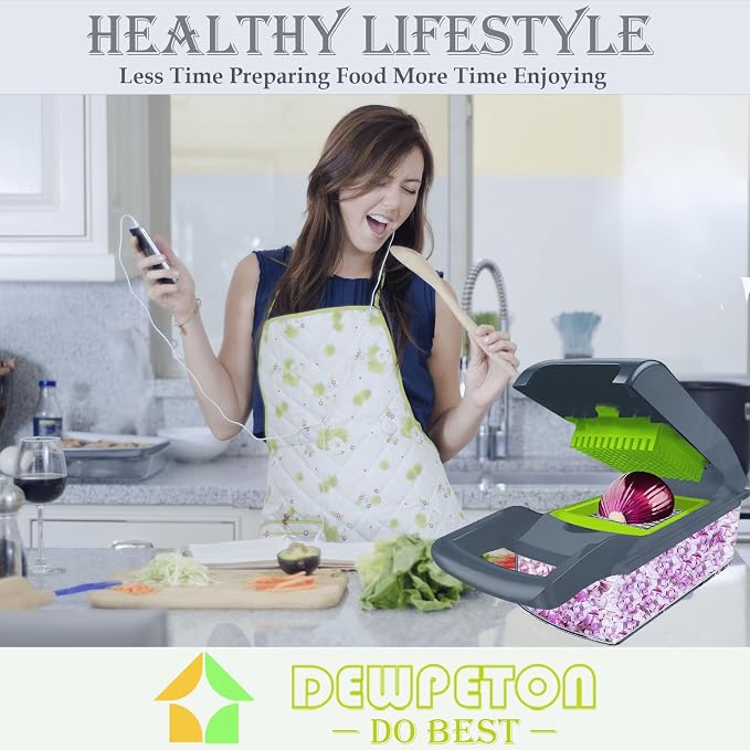 Vegetable Chopper Dicer with Container | Cheese Grater Mandoline Slicer Cabbage Shredder French Fry Cutter Stainless Steel for Veggie Onion Potato Fruit Food, Manual Hand Cooking Gadget for Kitchen | Pro-Series Veggie Cutter with Container for Food Oni...