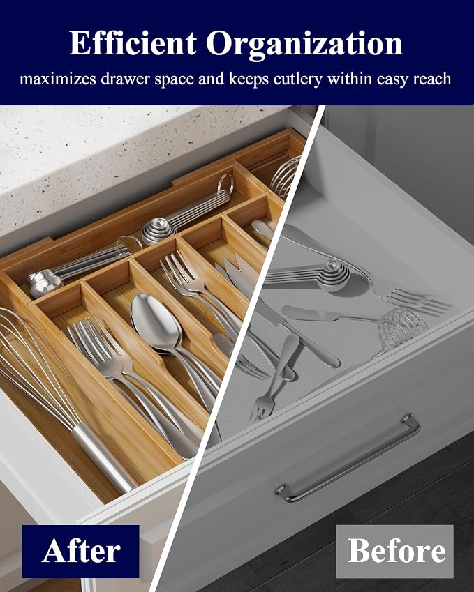 Kitsure Silverware Organizer, Bamboo Kitchen Drawer Tray, Natural, Large | Expandable Drawer Kitchen Organizer, Cooking Utensils & Cutlery, Sturdy & Thickened Design, Storage Solution