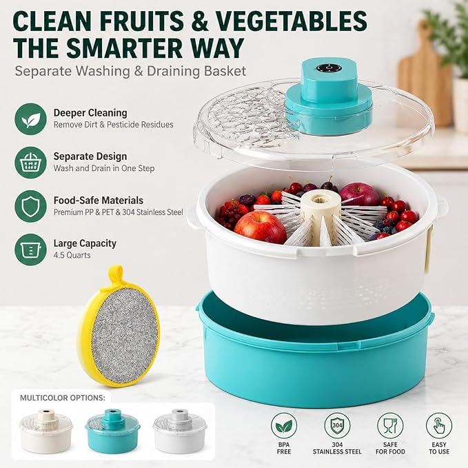 Electric Salad Spinner and Produce Washer, Automatic Vegetable Dryer (Yellow) | One-Touch Operation, Fruit and Veggie Cleaner, Non-Slip Base, Quick Lettuce Spinner, Kitchen Prep, Food-Grade Material