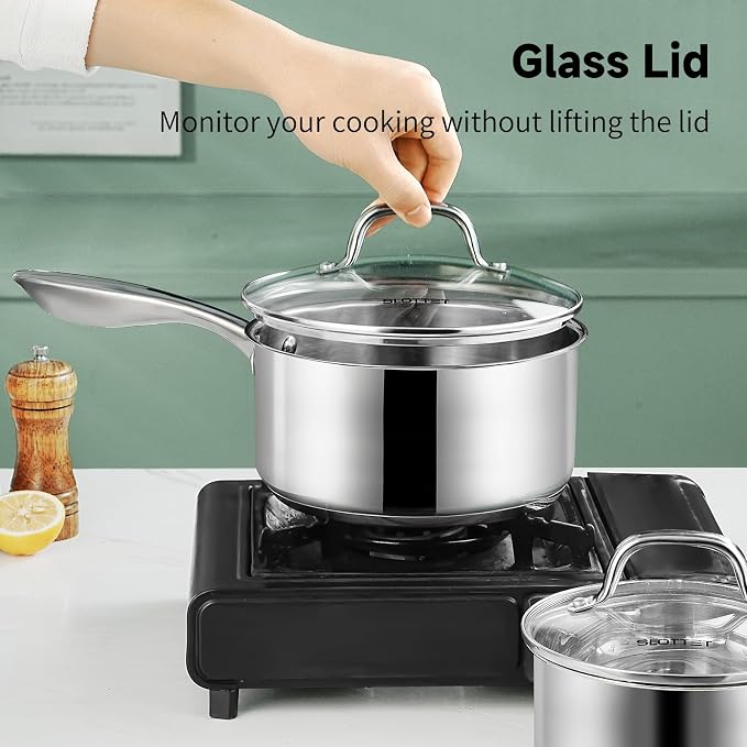 SLOTTET 1Qt & 2Qt Stainless Steel Sauce Pan Set with Lid,4 Pcs Non Stick Saucepan,Small Kitchen Pots,Induction Compatible,PFOA FREE
