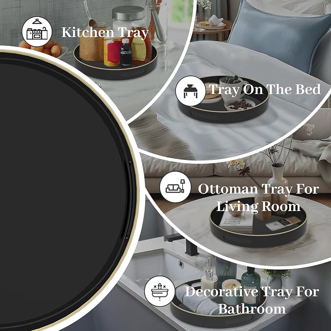 13" Black Decorative Tray, Plastic Round Serving Tray with Handles | Decorative Tray for Coffee Table, Modern Ottoman Tray, Circle Tea Tray, Round Melamine Tray for Living Room, Bathroom