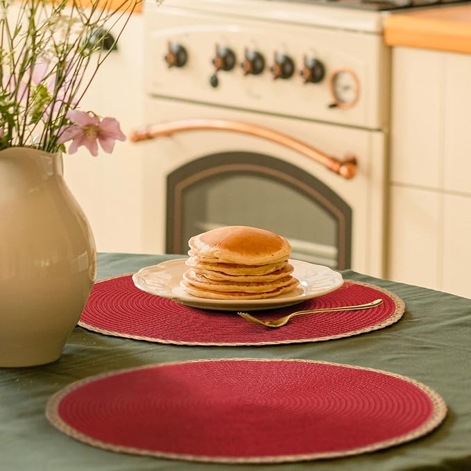 Round Placemats Set of 4, Woven Table Mats, Thin Edge, Red | Braided Paper Edge, 15 Inch Diameter, Fits Dinner Plate and Flatware, Wipeable, Heat Resistant, Indoor Dining, Outdoor Patio