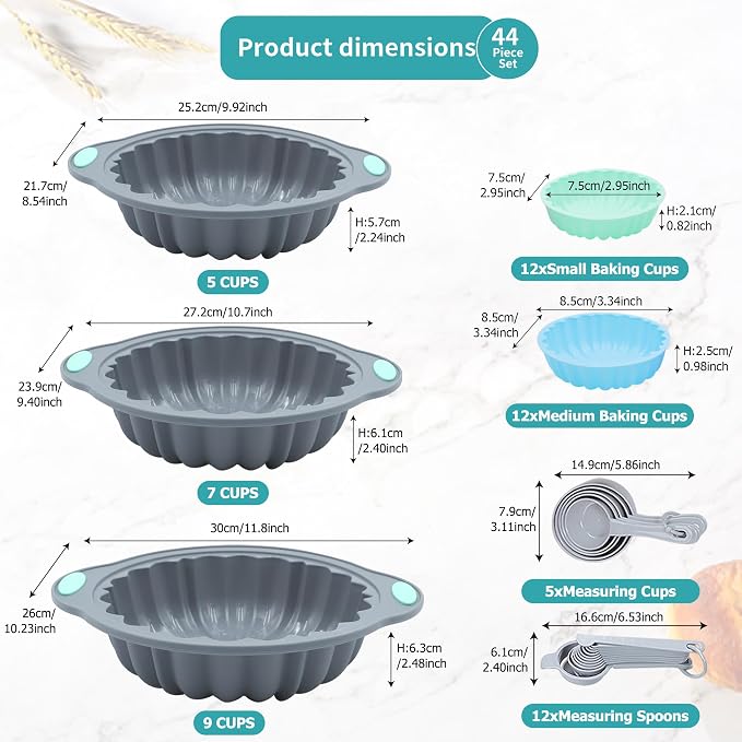 44 Pieces Silicone Round Cake Pans Set, 3 Sizes Silicone Fluted Cake Pan Set with Reusable Baking Cups, Food Grade Baking Molds for Brownie, Bread, Muffin, Light Grey