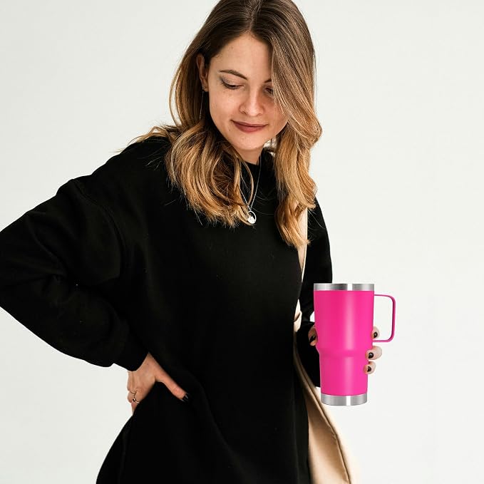 20 oz Tumbler with Handle Coffee Tumblers with Lid Travel Mug Hot Pink 12P | 20oz Tumblers with Handle Double-Wall Insulated Vacuum Coffee Mugs Stainless Steel Tumbler with Handles&Lid Hot Pink 12P