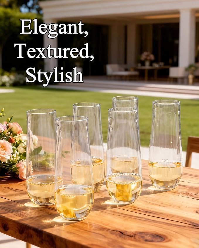 Ciaell 24 Pack Plastic Champagne Flutes for Weddings Birthdays | 9 oz Stemless Mimosa Glasses, Heavy Duty Plastic, Champagne Mimosas Wine for Parties Bars Anniversaries